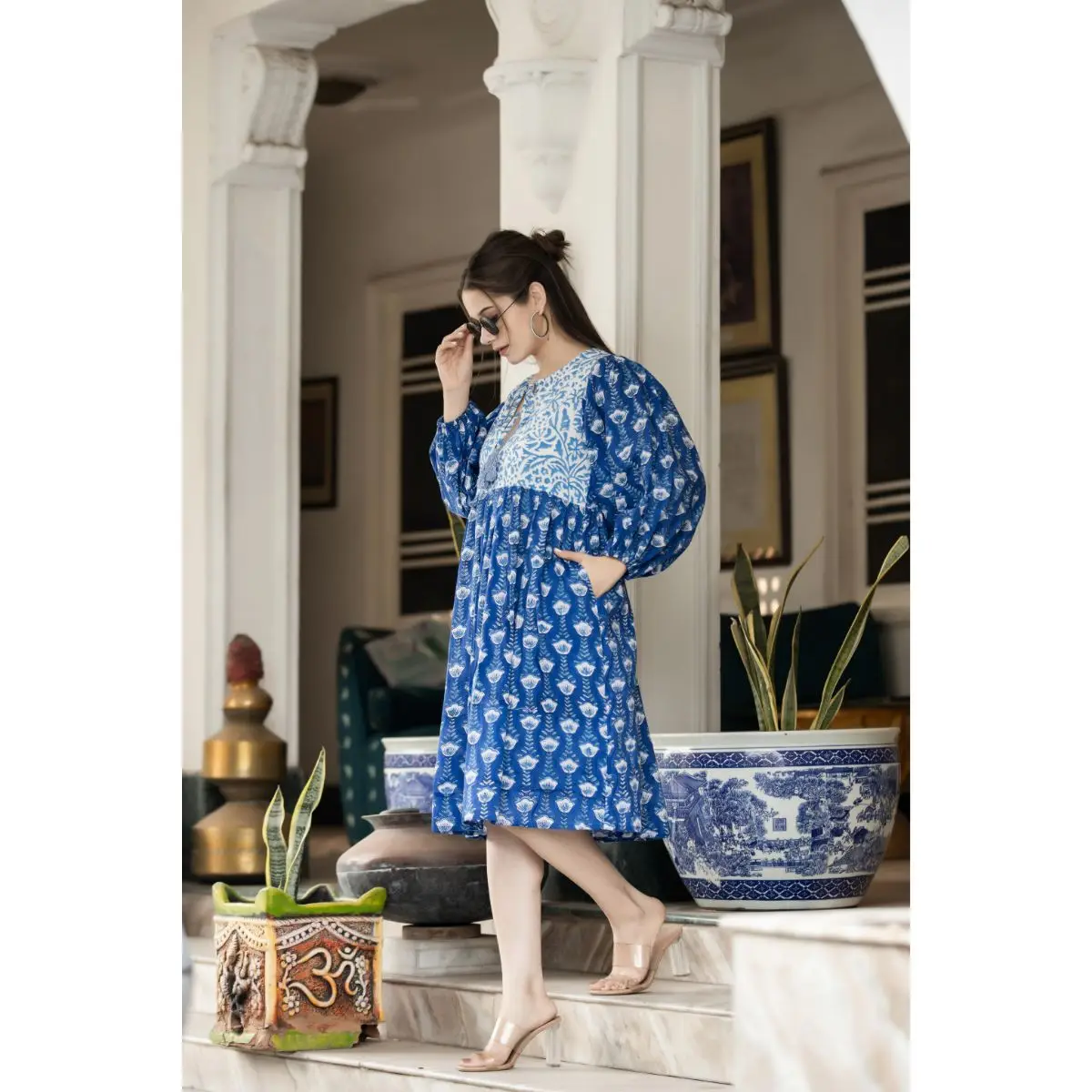 Blue And White Hand Block Printed Beautiful Cotton Women Dress Floral Beach Wear Light Weight Dress