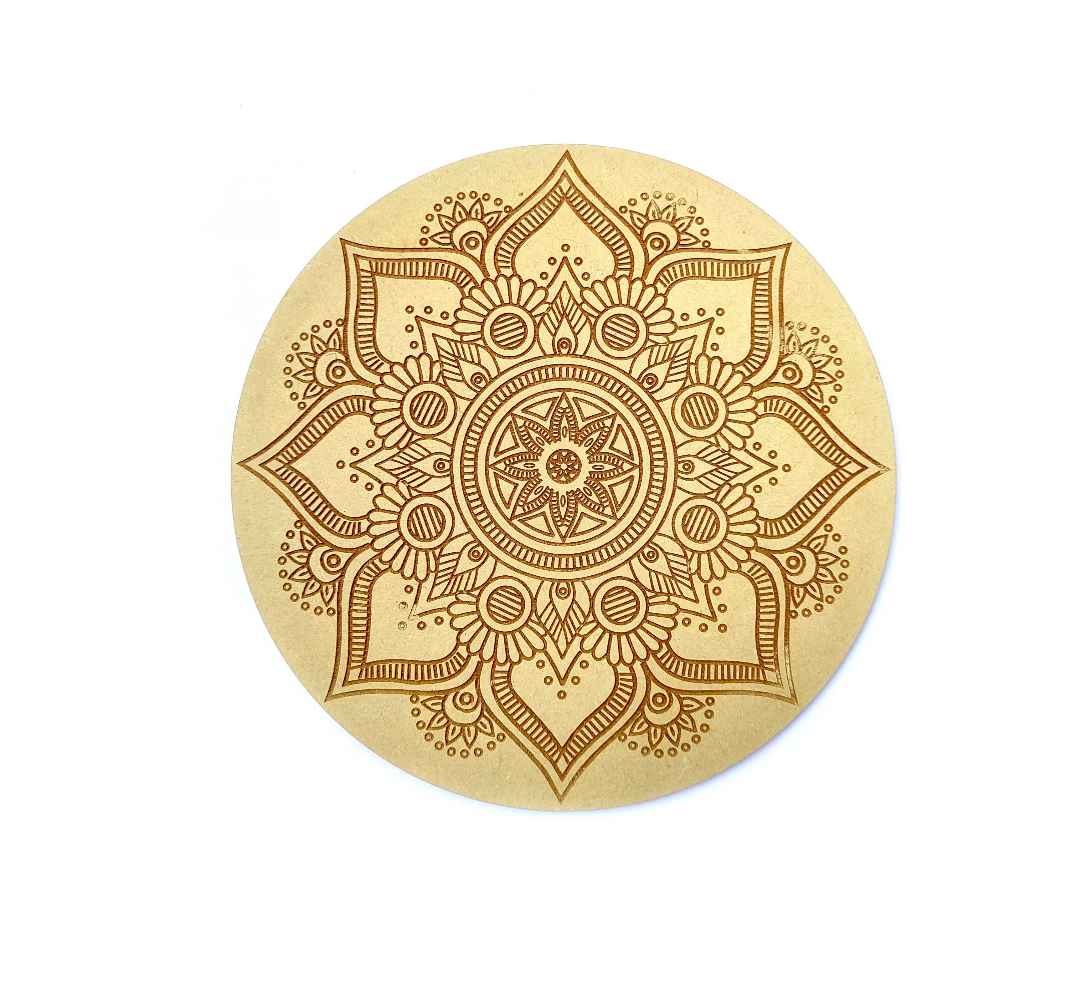 Round Wooden MDF laser Etched Yoga Man with 7 Chakra in Body and Flower Of Life Spiritual Religious Design Sacred Geometry