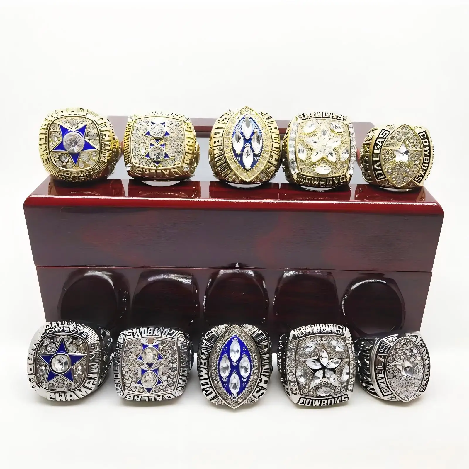 5-time Cow boys World champions Rings Set with wooden Box Gifts for Men Women Youth fathers Championship Ring
