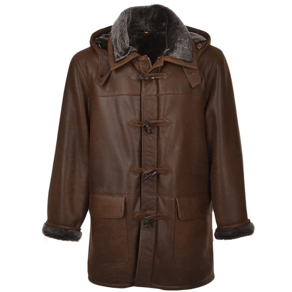 Hot sale fashionable brown leather fur collar sheepskin coat for sale full sleeves windproof soft material leather coat