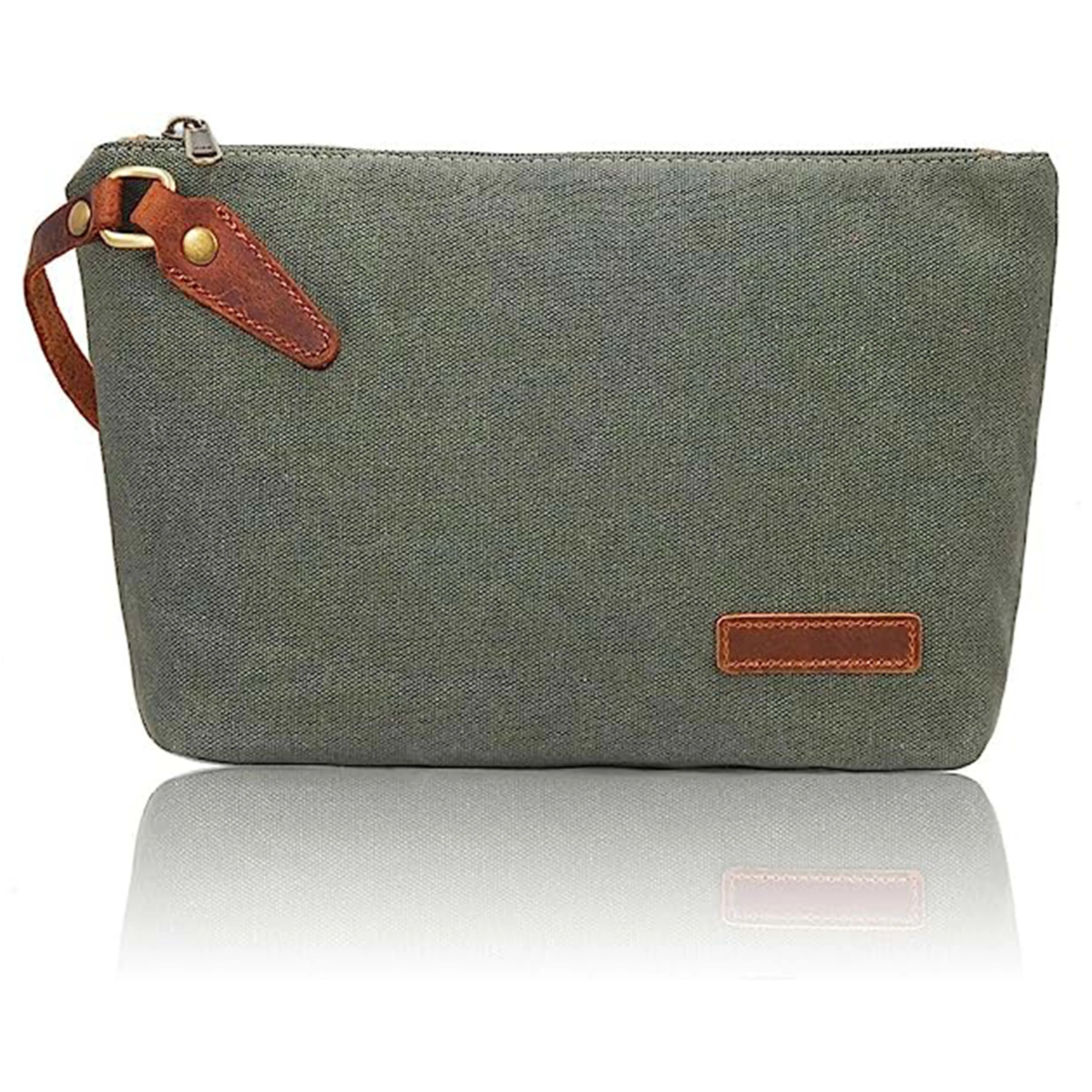 Canvas Clutch Purse Wristlet Pouch Wallet Large Makeup bag with Leather Strap Phone Handbag for Women Men