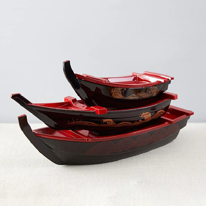 Hot Sale Washable Reusable Large Ship Boat Japanese Serving Plastic Party Black Sushi Tray