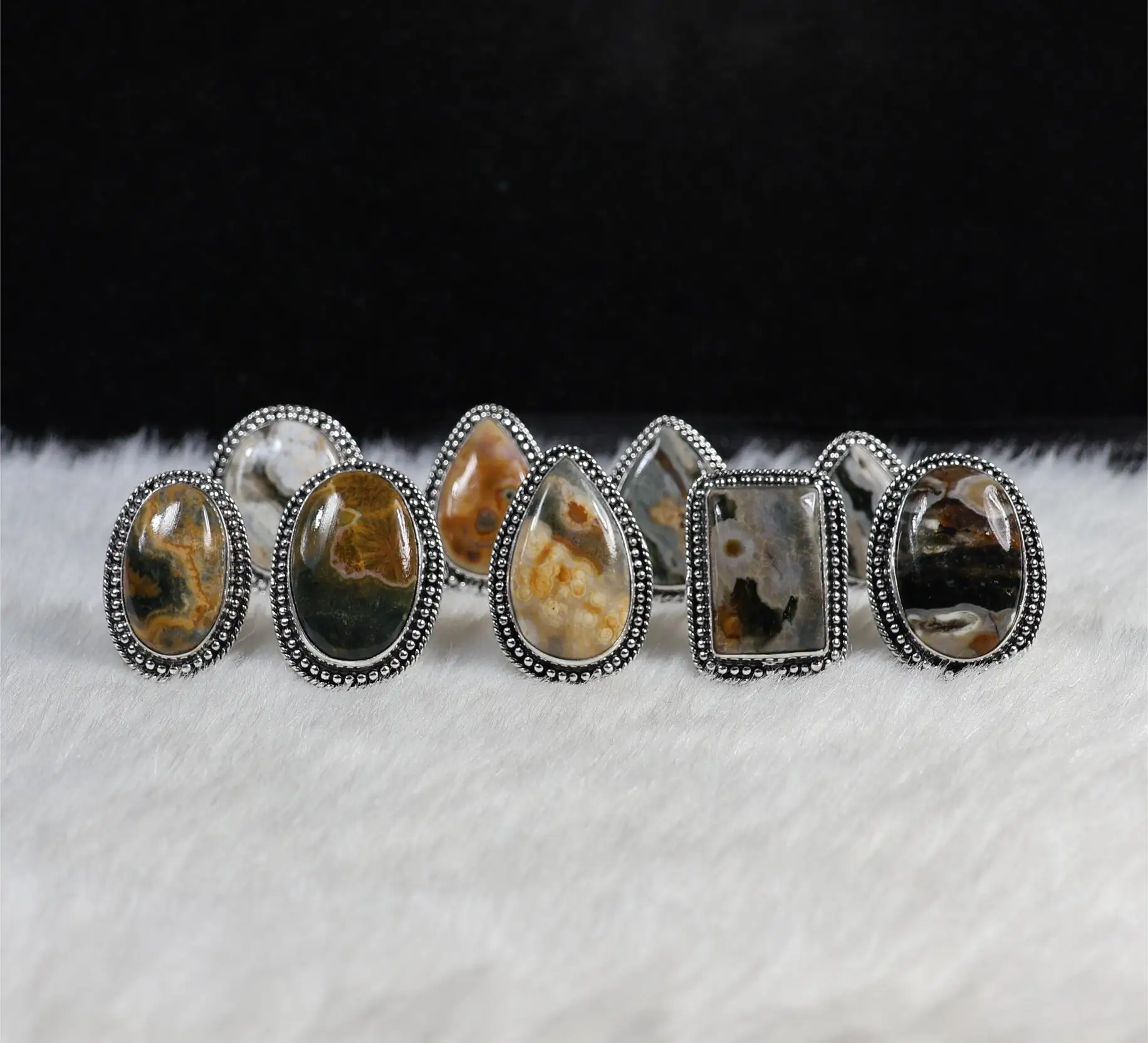 Natural Ocean Jasper Ring for Wife Handmade Cabochon Rings Ocean Jasper Gemstone Jewelry Silver Plated Ring Lot Birthday Gift