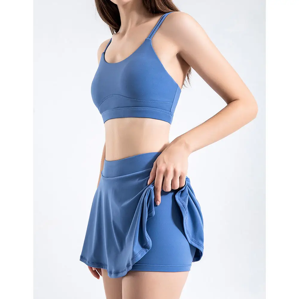 Yoga Set Custom Logo Two Pieces Set Solid Color Workout Clothing Fitness Tops Sport Bra Skirt Running Golf Tennis Wear