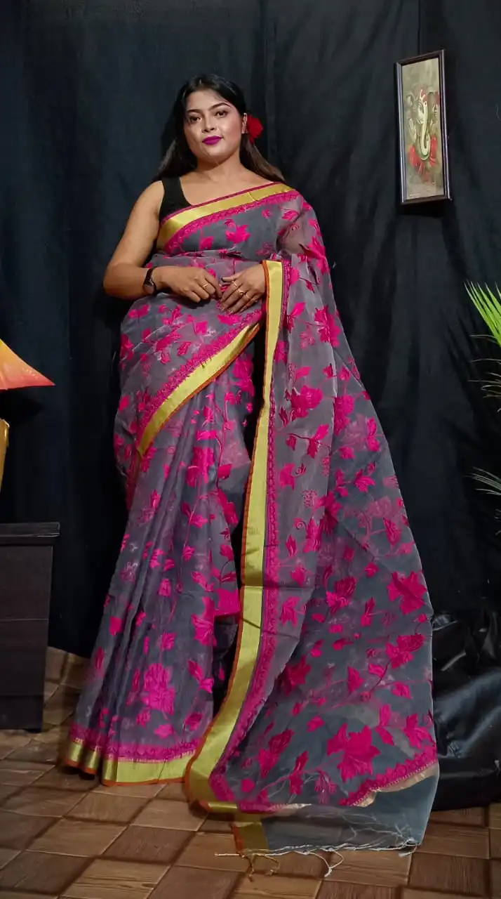 Premium Quality Firoji Color Pure Resham Saree with Embroidery Hot Selling Designer Saree Weddings Best Quality Wholesaler Surat