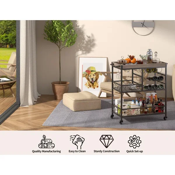 Buy Wooden  Bar Cart With  11 Bottle Bar Cart And  Genuine Wooden  Tops Supported By Steel Frame With Customized Size