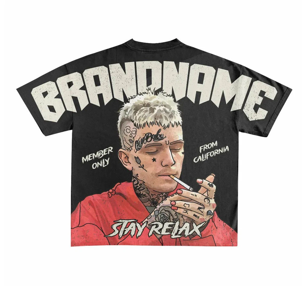 Футболка оверсайз с квадратным трафаретной печатью 300 Gsm Плотная хлопковая футболка графическим принтом модная большого размера OEM