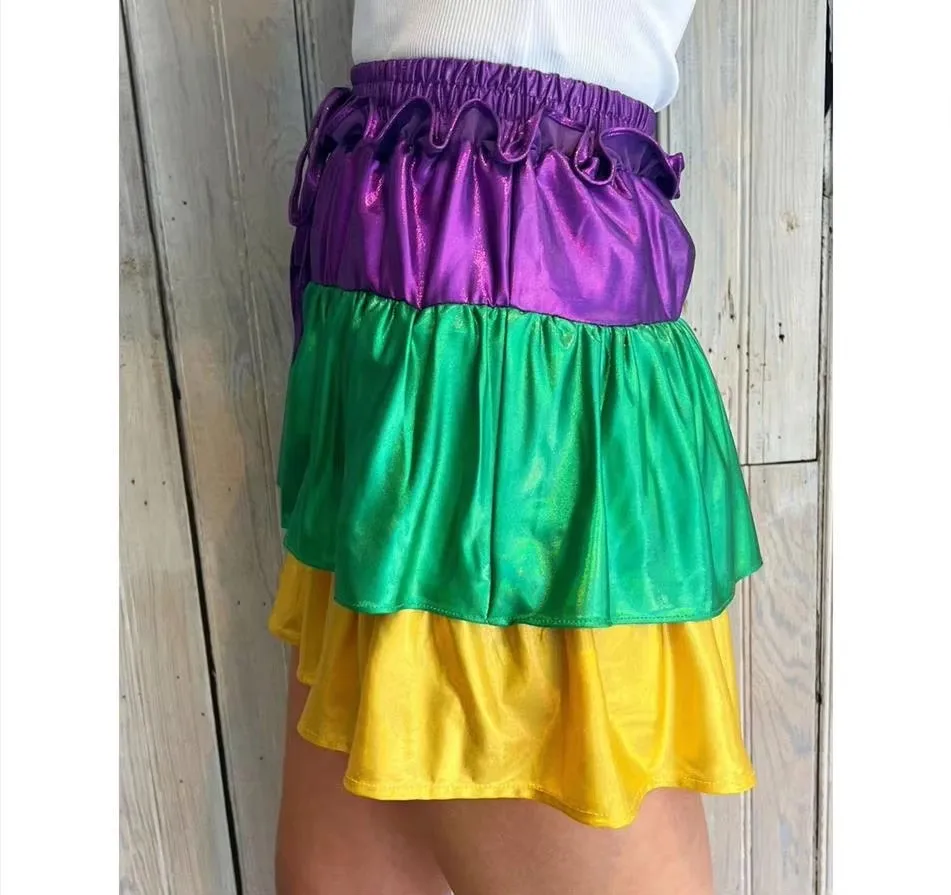 Purple Gold Green Patchwork Satin Ruffle Baggy Shorts For Women Mardi Gras Apparel Culotte Shorts