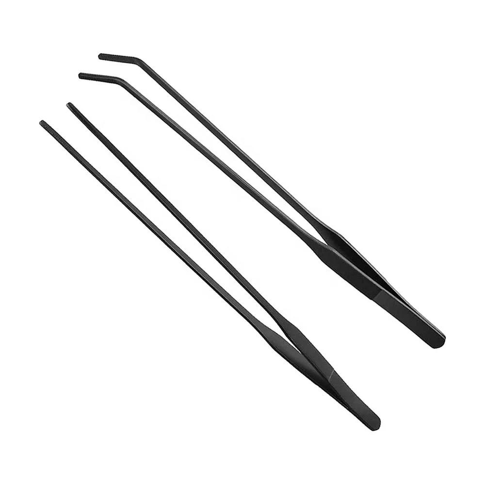 Black Aquarium Tweezers Set Stainless Steel Straight and Curved Tweezers Long Handle Reptile Feeding Tongs for Fish Tank