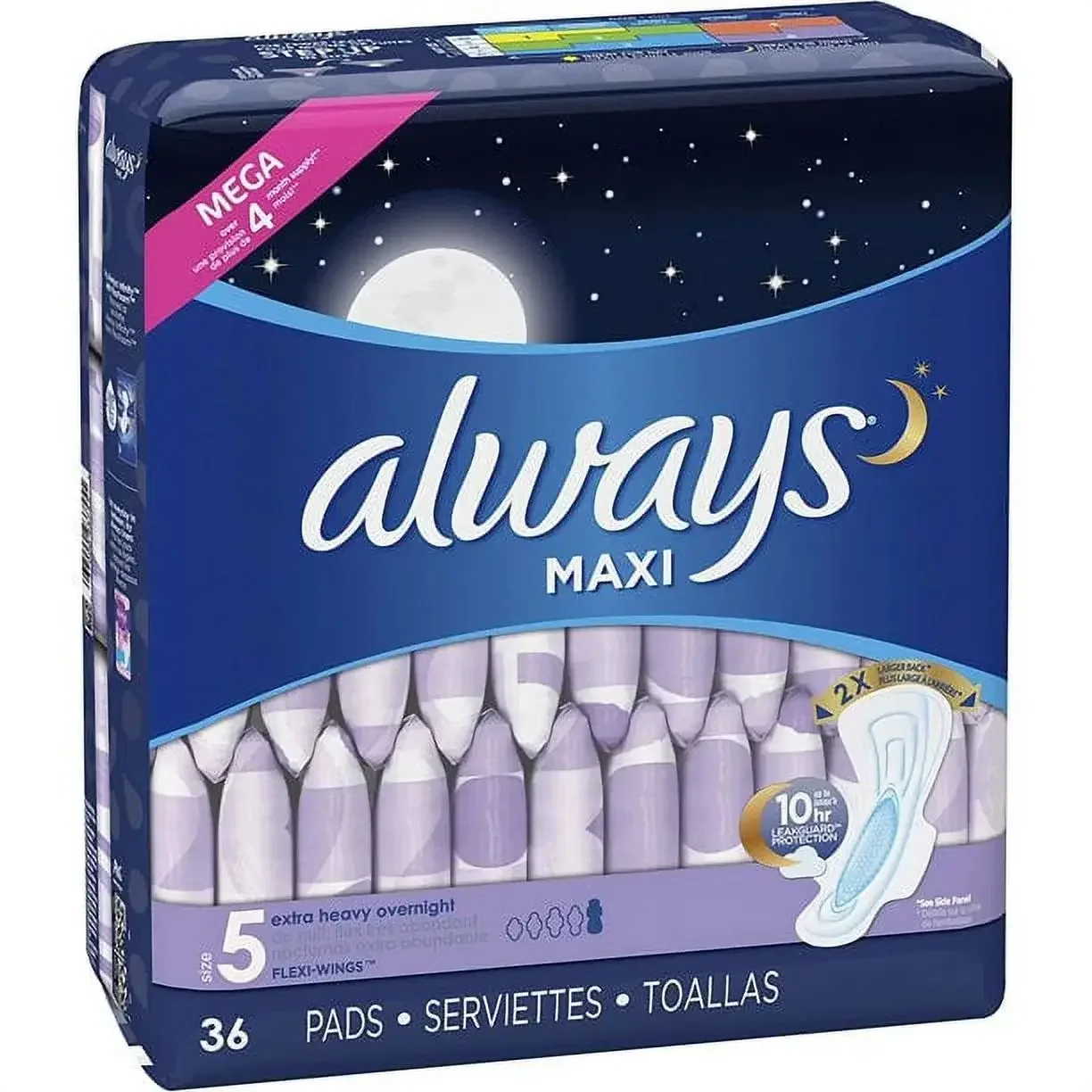 Always Maxi Feminine Pads for Women, Size 5 Extra Heavy Overnight Absorbency, With Wings, Unscented, 36 Count