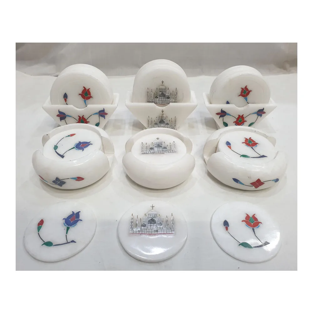 Handmade Alabaster Stone Beautiful Inlay Work Coaster Set For Decorative Home