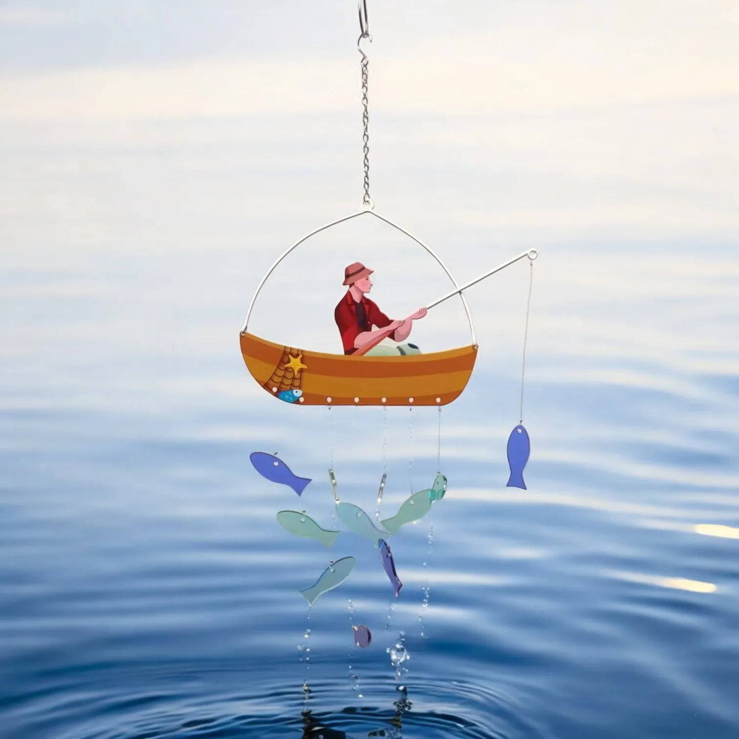 Acrylic Fish and Metal Fisherman Hanging Ornament - Ideal for Beach House Decor
