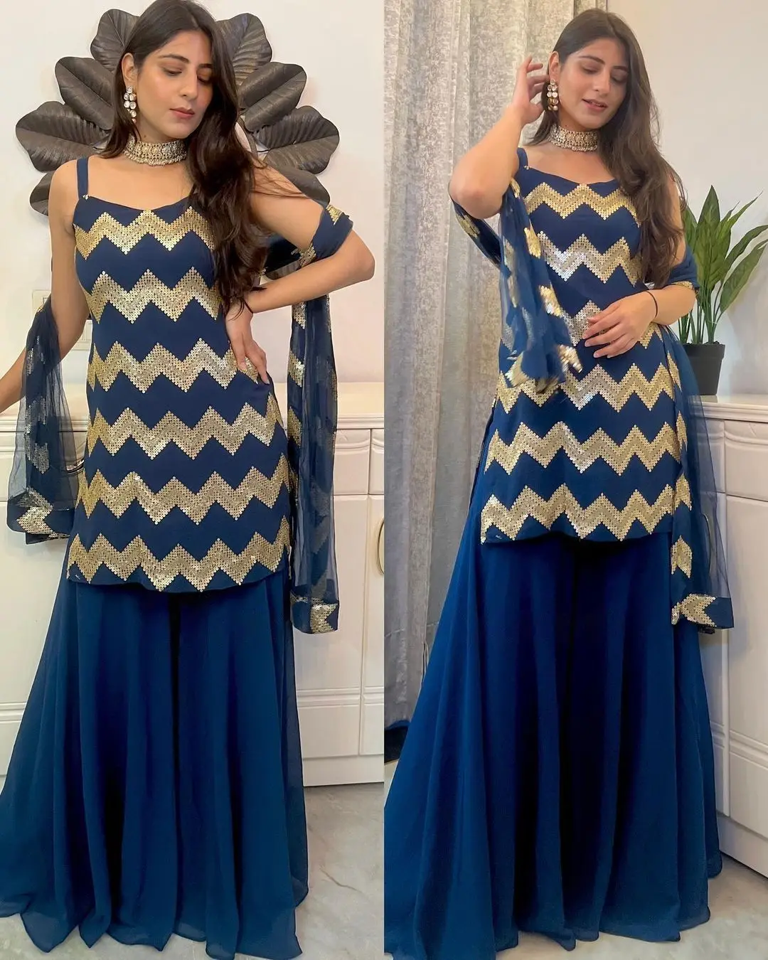 Beautiful Designer Suit  Georgette Febrics With Inner And Sequnce Work And Sharara Also