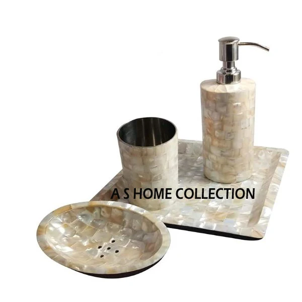 Hot Newly Product Set Pack Metal Stainless Steel Mother Of Pearl Inlay Bathroom Accessories Set Storage Basket Home Decorations
