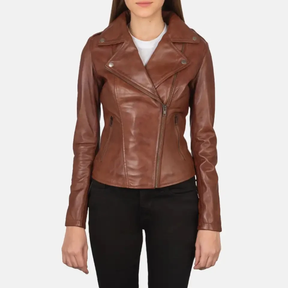 Real Leather Sheepskin Aniline Zipper Flashback Brown Women Biker Jacket with Quilted Viscose Lining and Inside Outside Pockets
