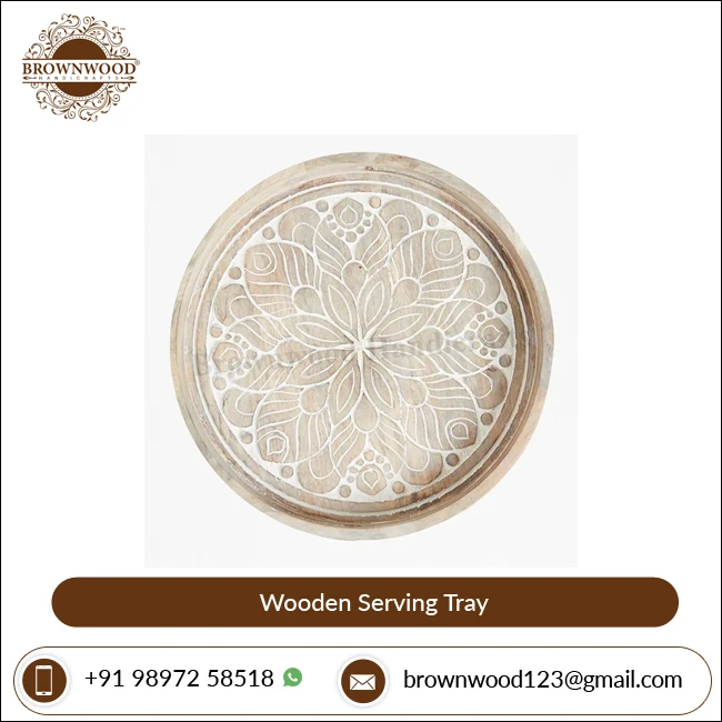 Excellent Quality White Wash Color Round Shape Decorative Hand Carved Mango Wood Serving Tray By Indian Manufacturer & Exporter