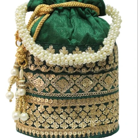 Designer Golden Zari Embroidery Work Potli Bag For Women And Pearl Handle Tassel Handbag