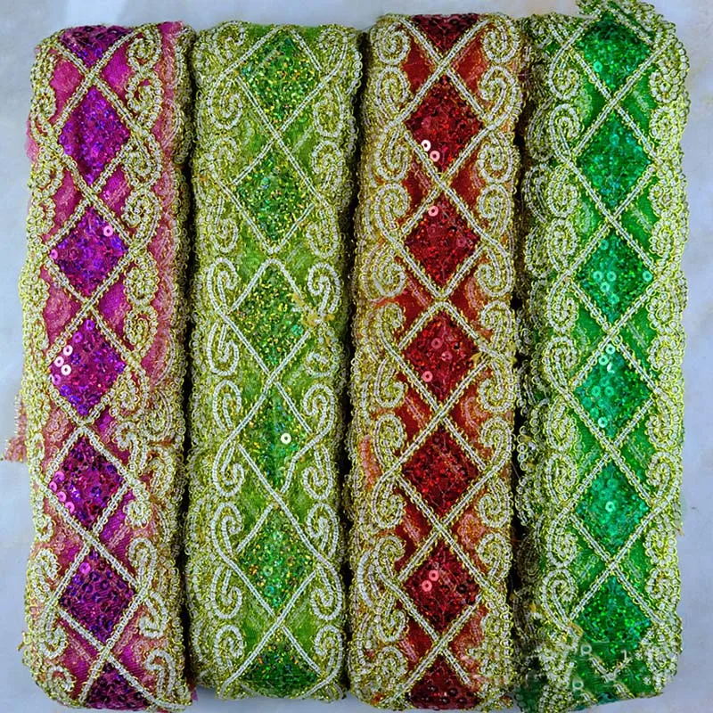 65mm Diy Sewing Material Costume Beaded Sequin Mesh Lace Fabric Diamond-shape Stage Dress Glitter Sequined Edge Lace Trims Gold