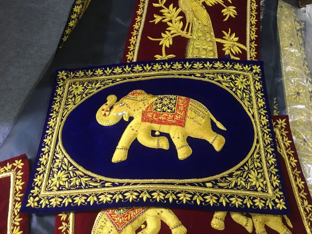 Indian Embroidered Zardosi Wall Decorative Jewel Carpet with Precious Stones and Golden Wires