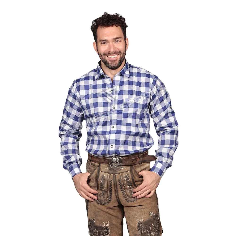 Хит продаж Баварская мужская ткань с длинными рукавами 100% хлопчатобумажная рубашка на пуговицах закрывающий нагрудный карман внутри тканая этикетка для шеи
