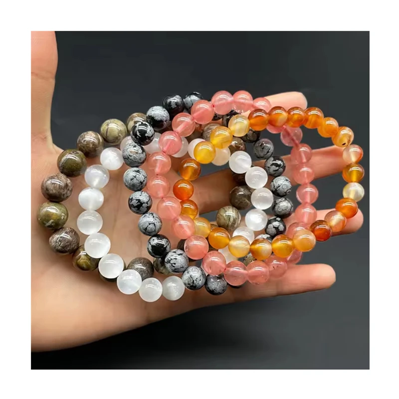 Natural Energy Stone Bead Bracelets Ocean Jasper Orange Carnelian Rose Cherry Crysta Snowflake Obsidian White Cat Eye Bracelet