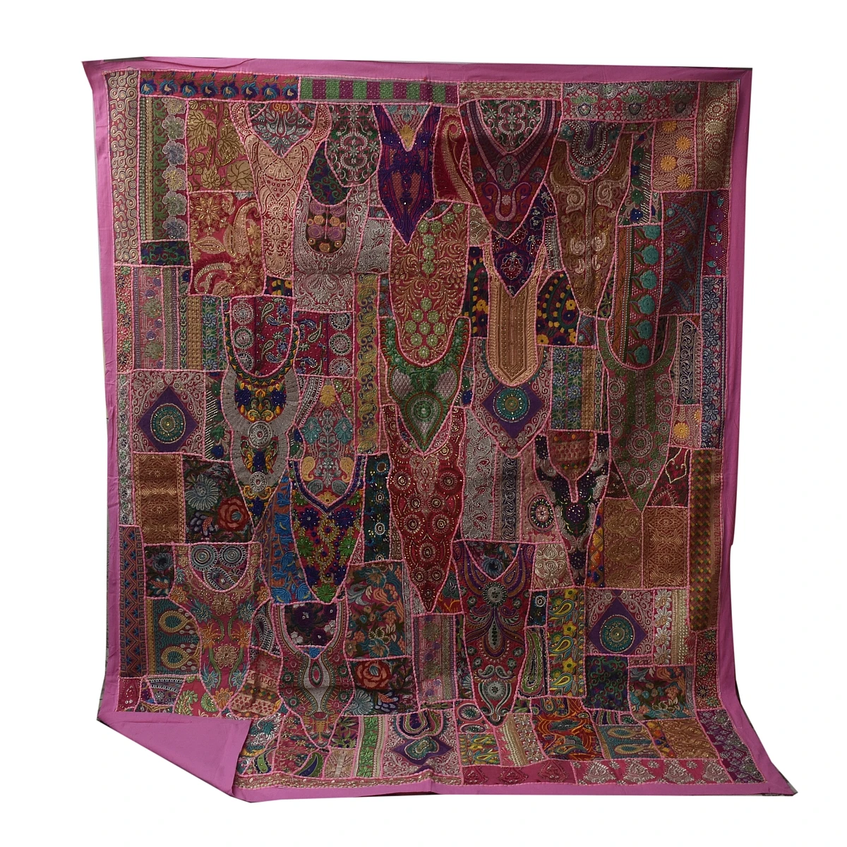 Indian queen size hand embroidery patchwork design pink color undying rare vintage sari quilt., throw and blanket