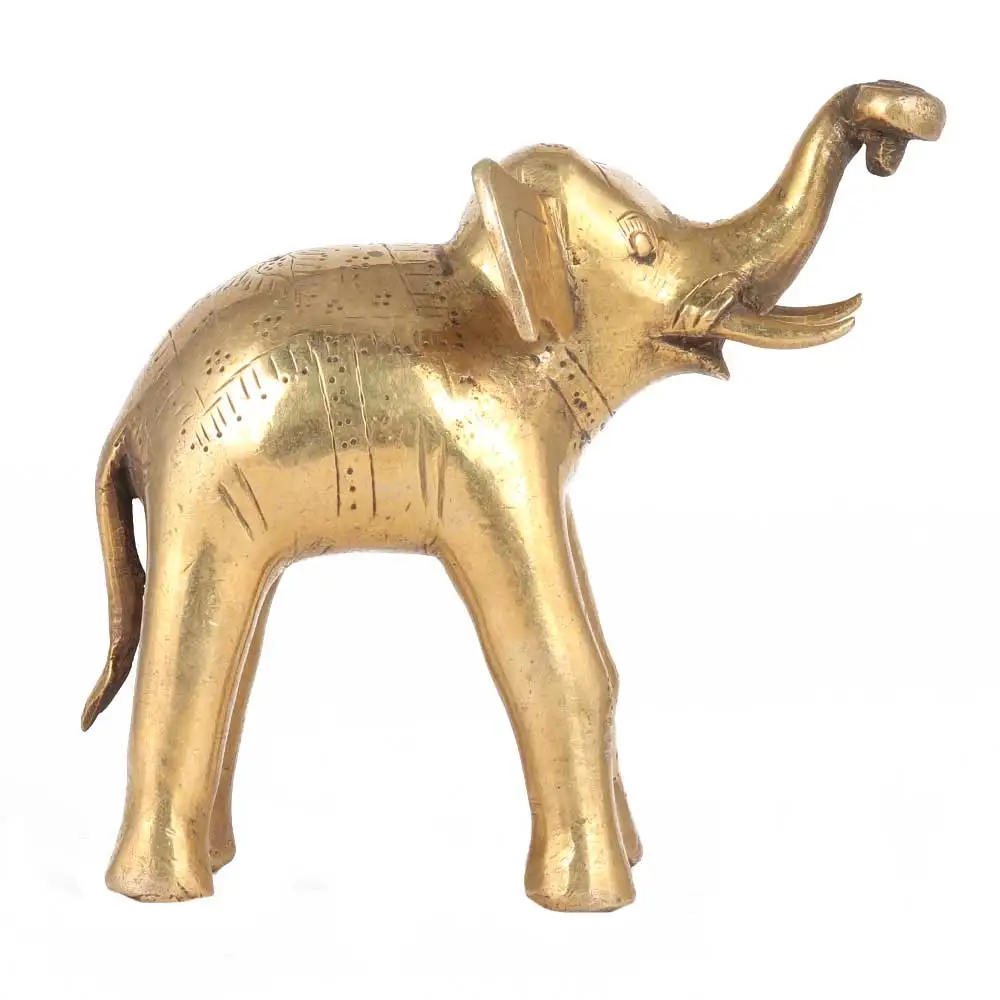 Handmade Indian Brass Golden Elephant With Raised Trunk Sculptures Figurine Statue Home Decor Gift Items 10 x 5 cm SNC-111
