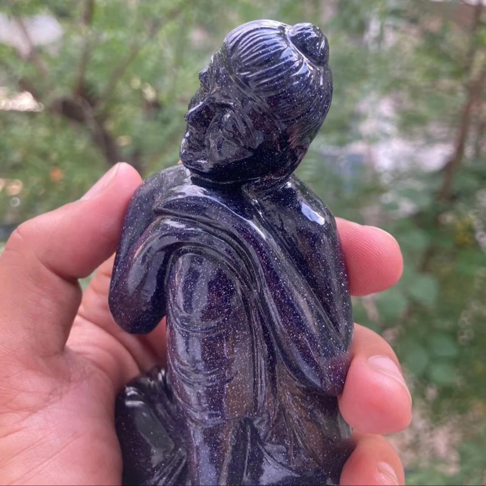 Blue Sandstone Buddha Handcarved Sleeping Buddha Carving Semi-Precious Stone Crystal Buddha Sculpture