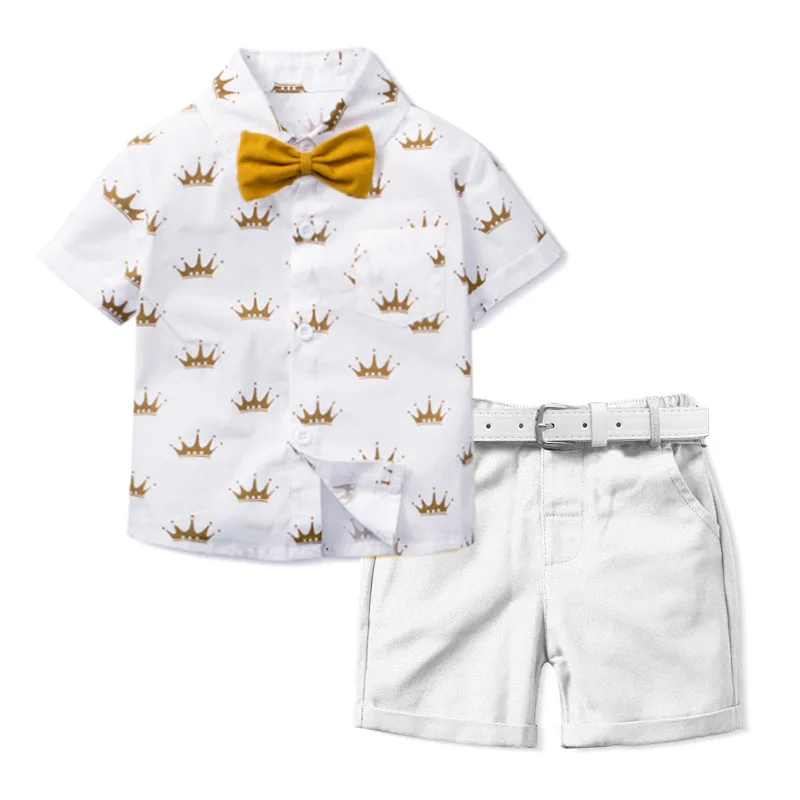 New Baby Boy Clothing Set Children Formal Suit Clothes 4pcs Crown Print Shirt Solid Shorts Kids Gentleman Set Bowtie