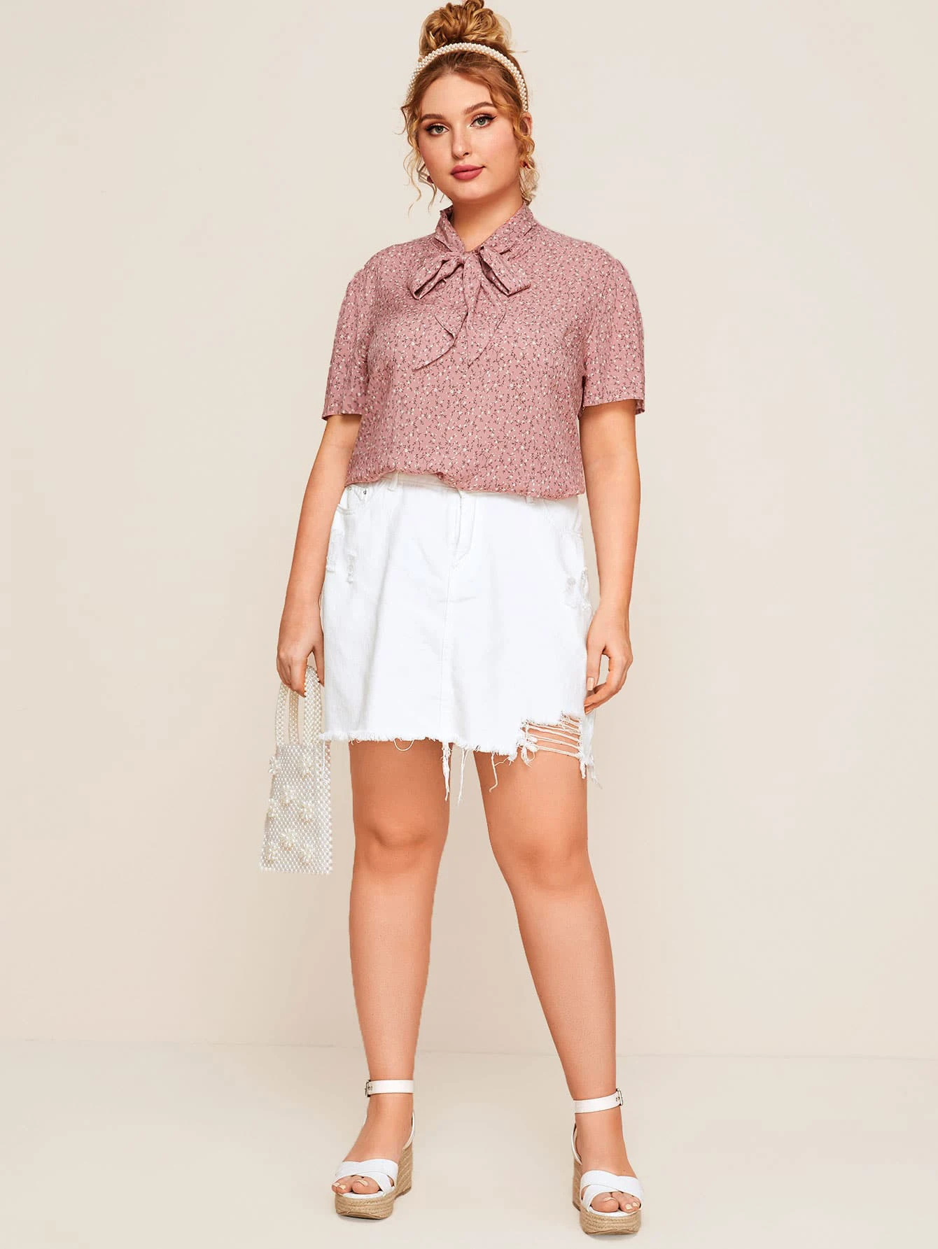 Fashion Womens Summer Elegant Pink Floral Blouse Women Tops Plus Size Blouses With Bows