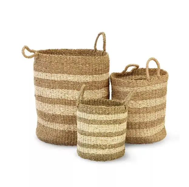 Eco-friendly Natural Base Print Color Household Multi Functional Basket Clothes Storage Hand-Woven Laundry Seagrass Baskets