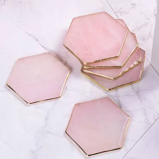 Best Selling Crysal Wholesale Natural Rose Quartz Hexagon coaster for Healing Meditation Metaphysical Homedecor Gemstone coaster