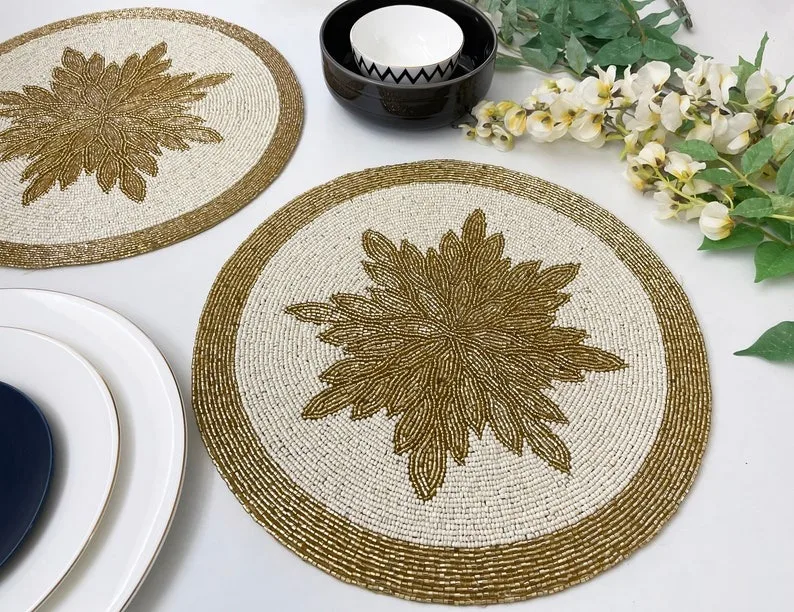 Wedding Table Placemat Beaded Pads and Mats with Flower Shape in custom colors and design wholesale beaded item for table decor