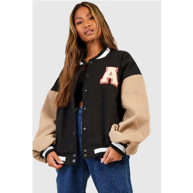 Women Wool Varsity Jacket Wholesale Embroidery Letters Leather Sleeves Wool Cropped Varsity Jackets For Women