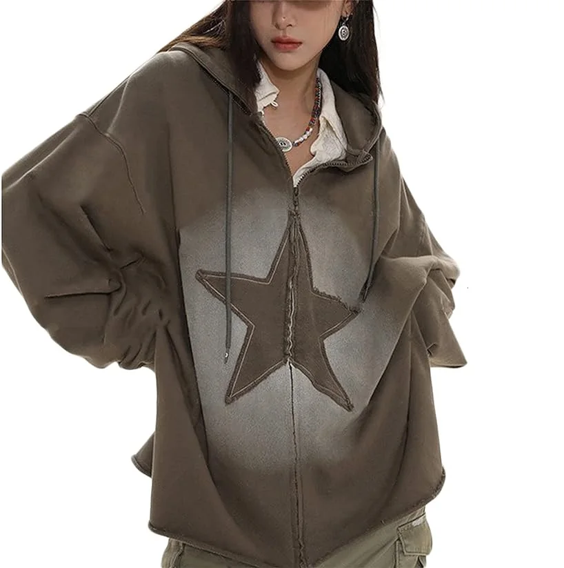 Women Y2K Oversized Zip Up Hoodies Aesthetic Vintage Star Print Grunge Hooded Sweatshirt Streetwear for Teen Girls