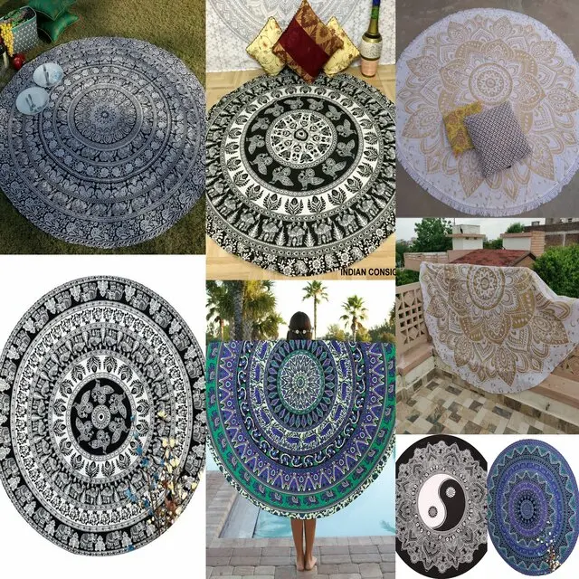 Beach Towel Yoga Mat Black Roundie Hippie Mandala Tapestry Wall Hanging Handmade Home Decor Beautiful