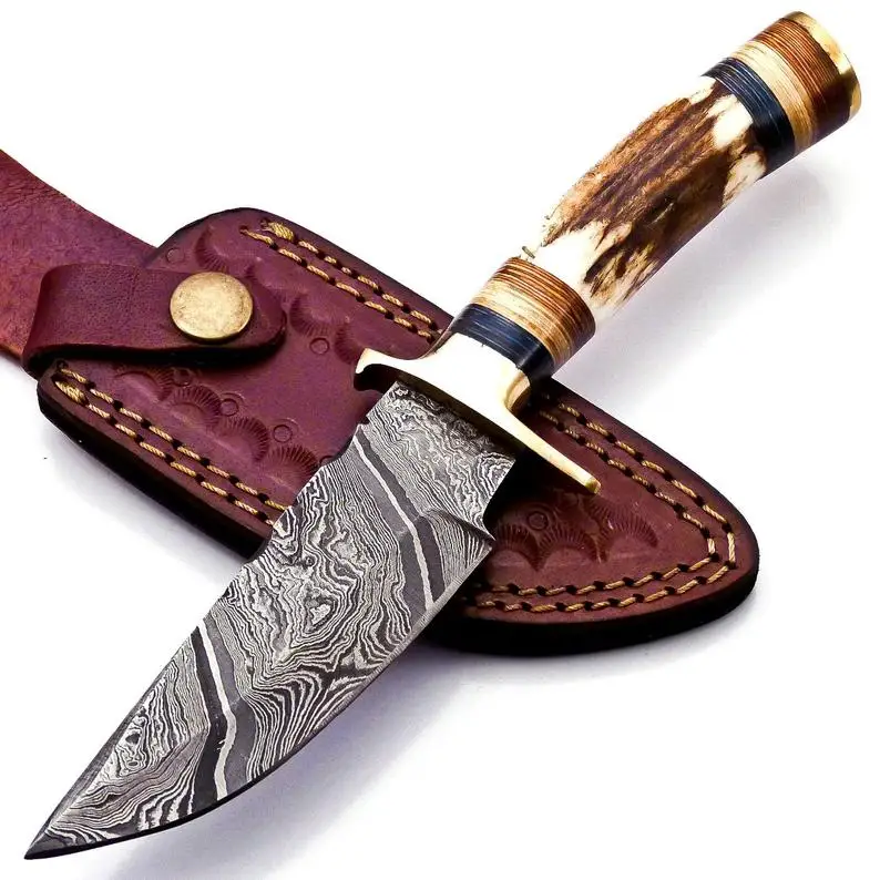 2023 Hand Crafted Camping Damascus Steel Knife with Fixed Blade  Damascus Steel Hunting Knife Whole sale stag horn handle