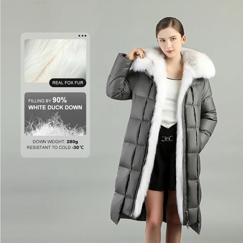 Professional long overcoat knee-length down jacket Custom Fox Fur Placket Puffer Goose Winter Clothes For Women Down Coats