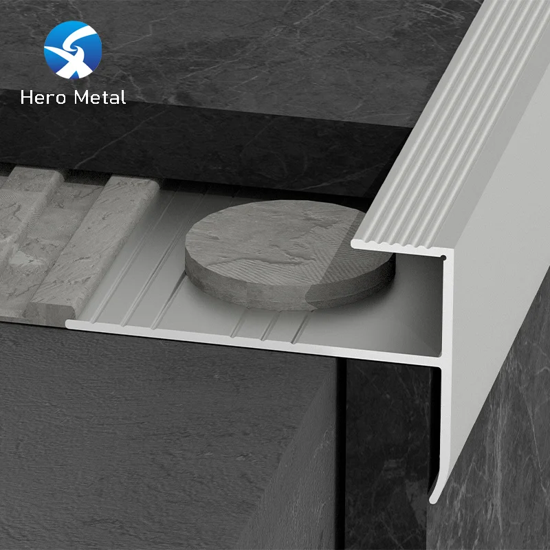 Factory  Direct Sale Stair Protector Aluminum non-slip Edge F Shape wide Strip stairway line decoration Hero Metal Stair Nosing