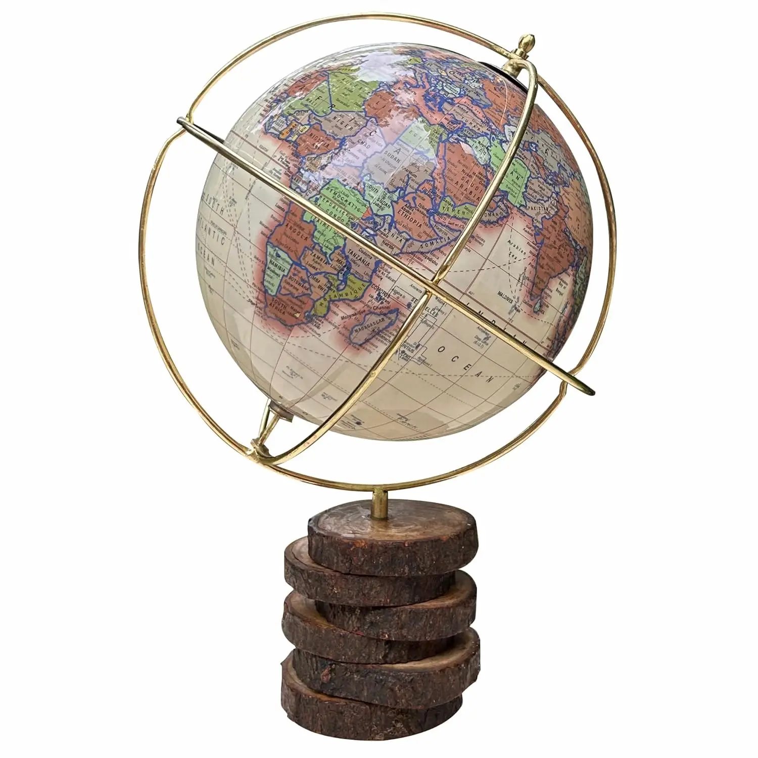 Antique Rotating World Globe Gold Metal Ring Arc and Real Bark Stand For Home Decor Office Table/Desk  Home Living Room Decor