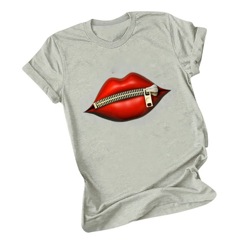 Women Lips Printed Short Sleeve T Shirt Ladies Casual Round Neck Blouse T Shirt Women