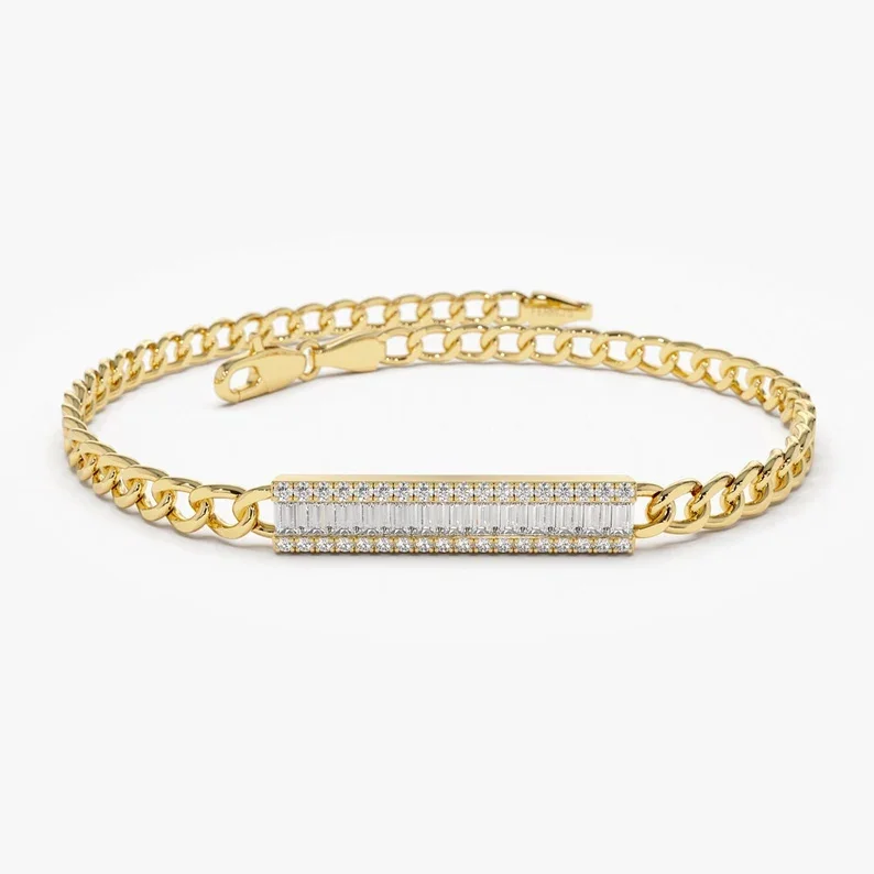 High Quality Miami Design 14k 18k 20k Yellow/White/Rose Gold Baguette Shape Horizontal Diamond Bar Curb Link Pure Gold Bracelet
