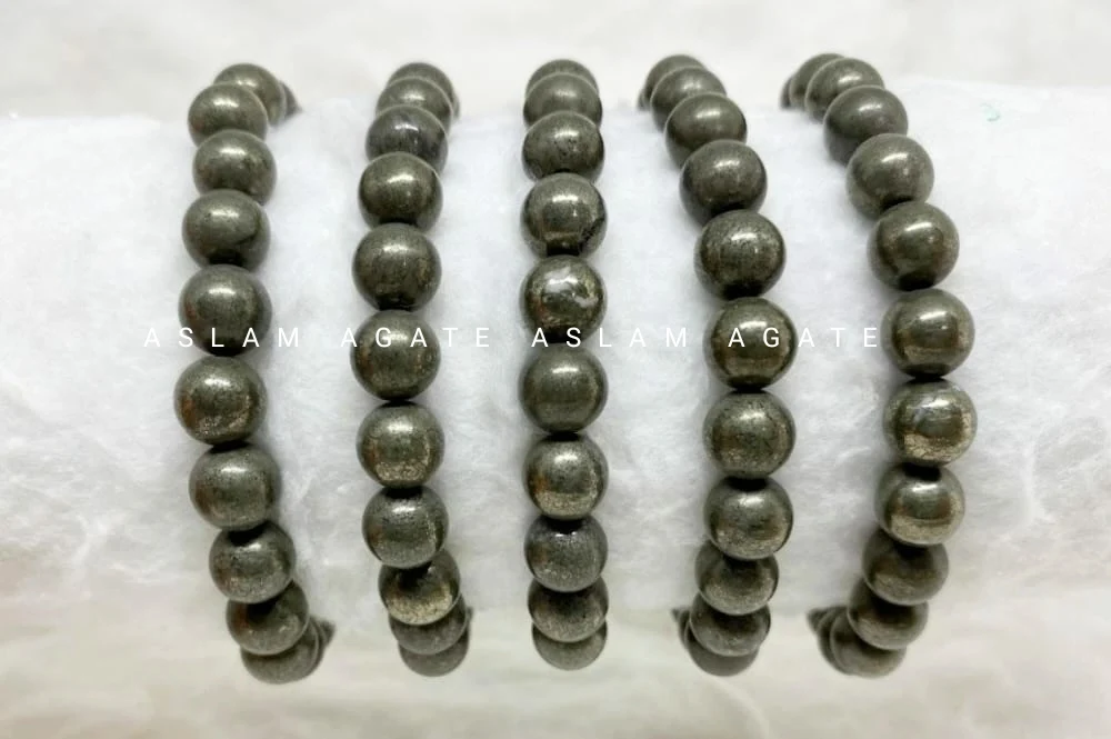 8mm Natural Pyrite Stone Beaded Bracelet ,Pyrite Gemstone Bracelet 4mm To 8 mm ,3 Cord strong Rubber Bead Bracelet