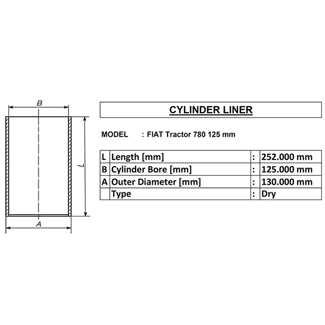 dry cylinder liner for fiat tractor 780 125  mm id:-125 mm od:-130 mm length:-252 mm made in india