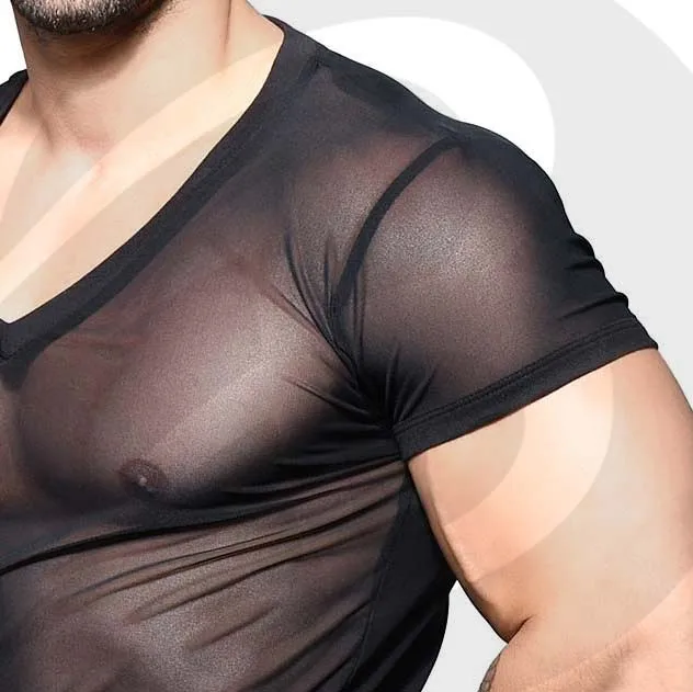 Custom See-Through Men Sexy T Shirt Mesh Short Sleeve Sexy / Sheer Mesh Men Shirt For Party / transparent shirts