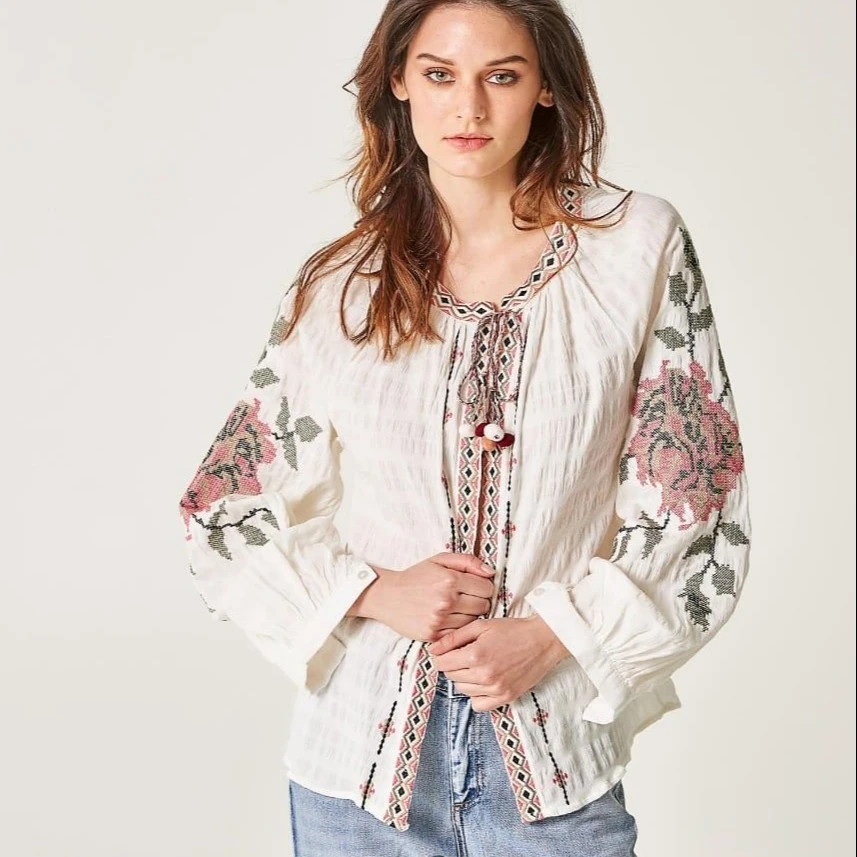 machine floral embroidered full sleeves open front round neck with drawstring casual tunic top for women