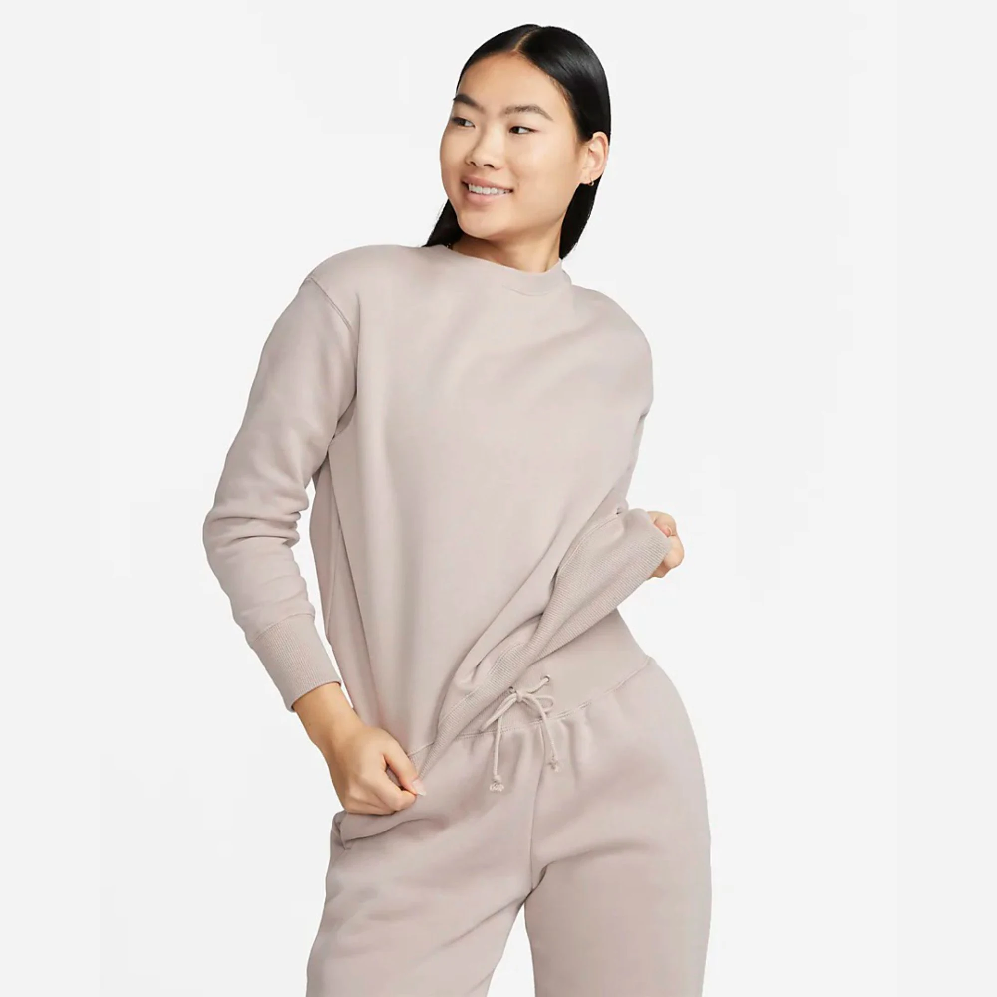 Loose Fit Ribbed Crewneck 80% Cotton 20% Recycled Polyester Fleece Ribbed Cuffs and Hem Oyster Pink Women Sweatshirt