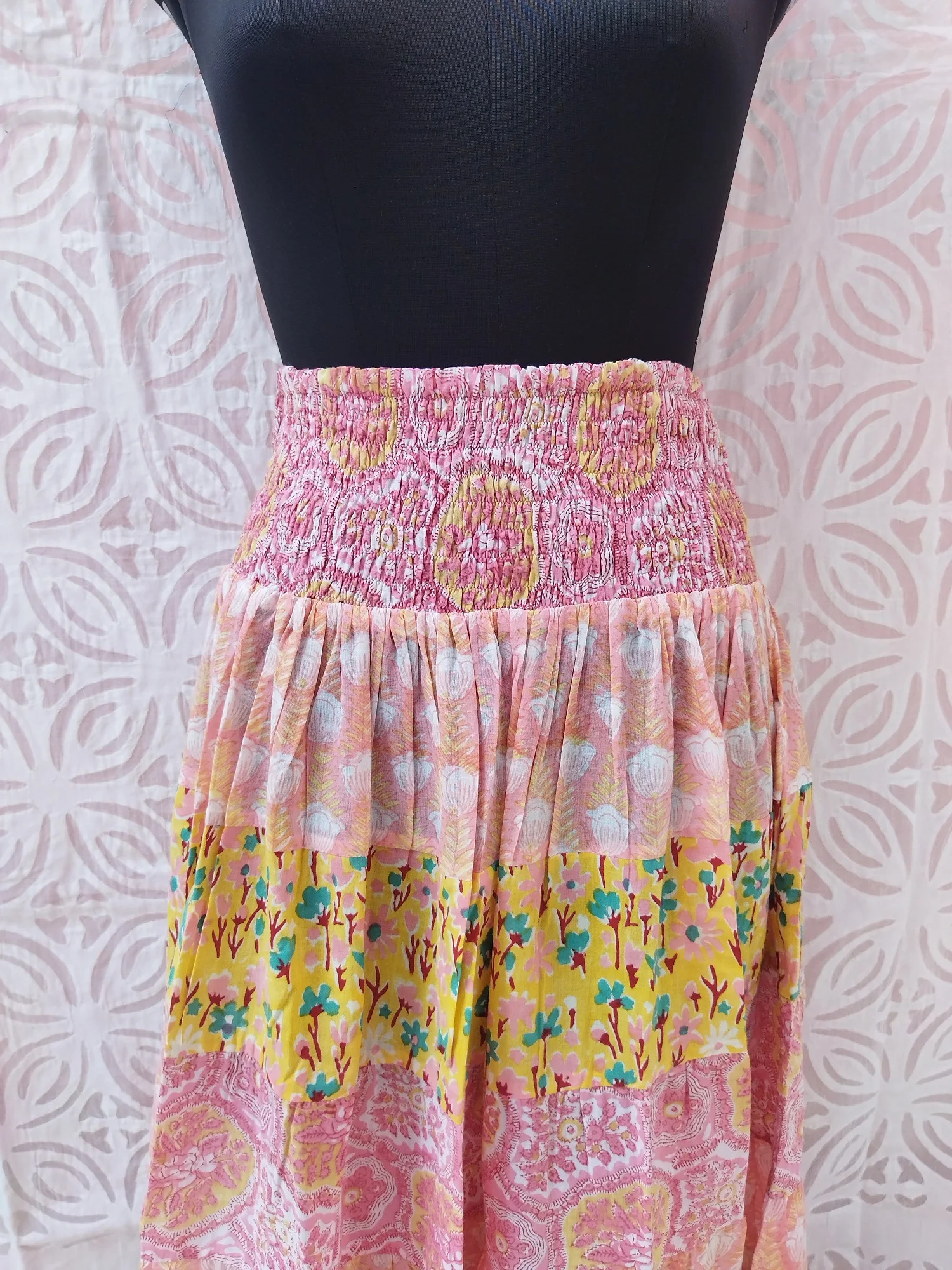 Wholesale Hand Block Printed Cotton One Tire Skirt With Smoking Waist & Maxi Standard, Colorful Bohemian Skirt Casual Beach Wear