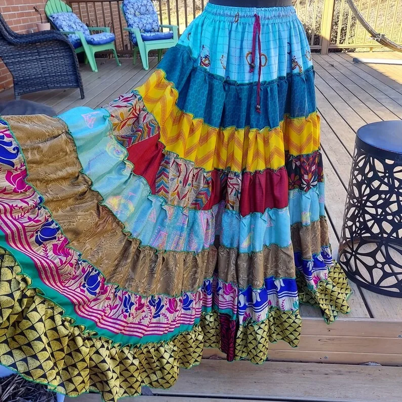 Boho Gypsy Hippie Patchwork Maxi Skirt One Size S to 2X Super High Quality Silk Wide Leg Palazo Pant