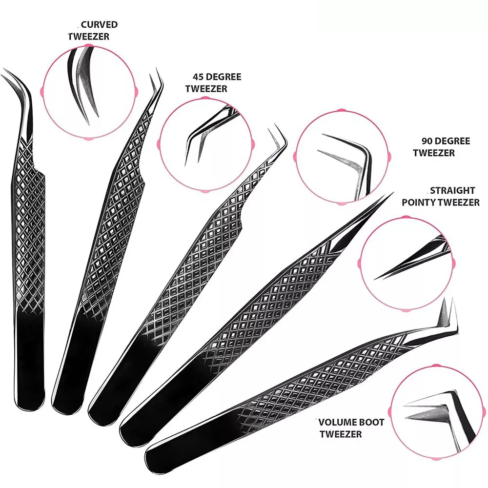 Diamond Grip Lash Tweezers Private Label Stainless Steel Fiber Tip 45 90 Degrees Matte Volume Tweezer For Eyelash Extension